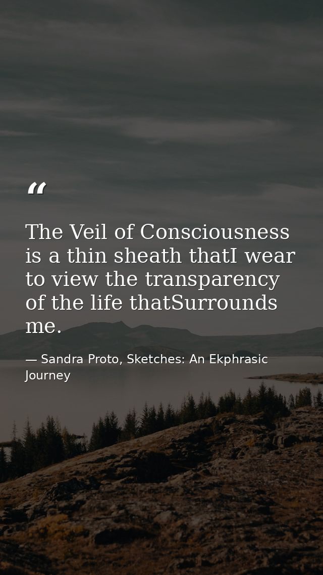 The Veil of Consciousness is a thin sheath thatI wear to view the transparency of the life thatSurrounds me. — Sandra Proto, Sketches: An Ekphrasic Journey