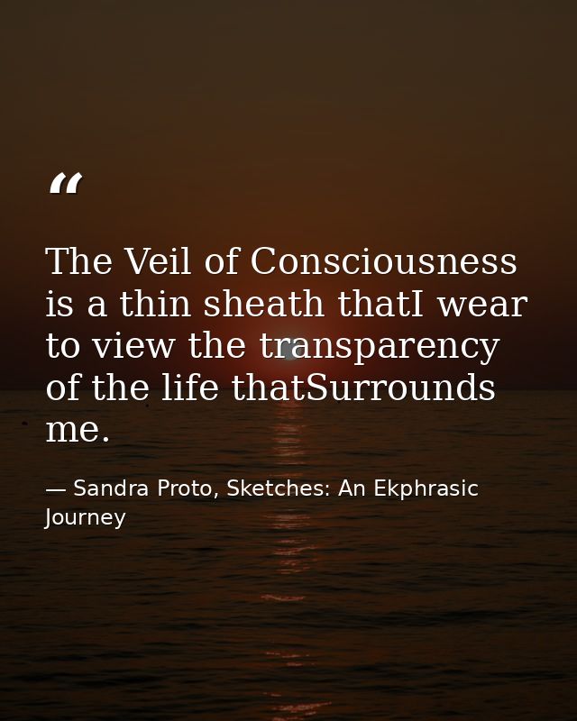 The Veil of Consciousness is a thin sheath thatI wear to view the transparency of the life thatSurrounds me. — Sandra Proto, Sketches: An Ekphrasic Journey