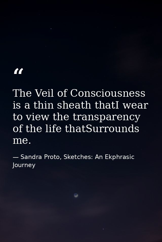 The Veil of Consciousness is a thin sheath thatI wear to view the transparency of the life thatSurrounds me. — Sandra Proto, Sketches: An Ekphrasic Journey
