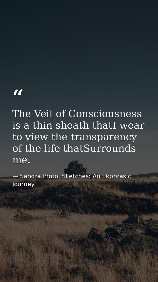 The Veil of Consciousness is a thin sheath thatI wear to view the transparency of the life thatSurrounds me. — Sandra Proto, Sketches: An Ekphrasic Journey
