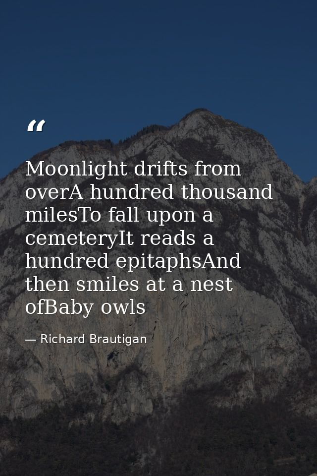 Moonlight drifts from overA hundred thousand milesTo fall upon a cemeteryIt reads a hundred epitaphsAnd then smiles at a — Richard Brautigan