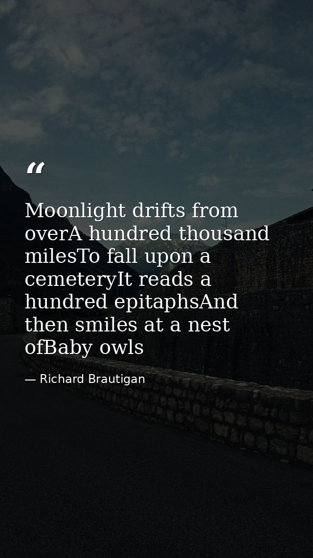 Moonlight drifts from overA hundred thousand milesTo fall upon a cemeteryIt reads a hundred epitaphsAnd then smiles at a — Richard Brautigan