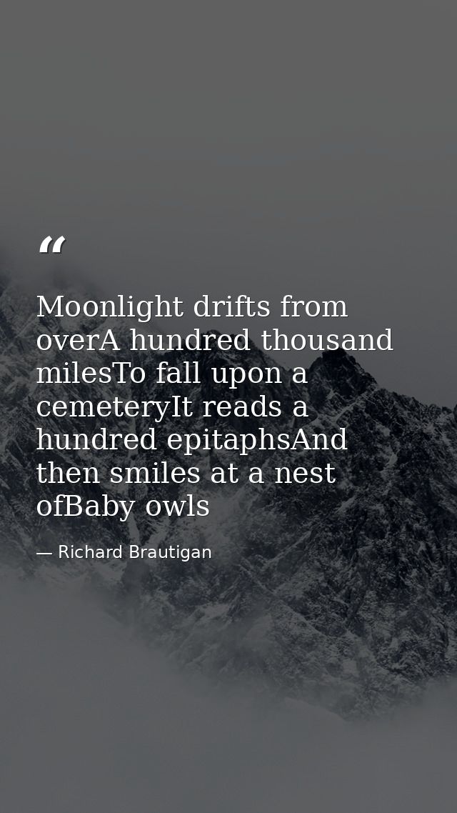 Moonlight drifts from overA hundred thousand milesTo fall upon a cemeteryIt reads a hundred epitaphsAnd then smiles at a — Richard Brautigan