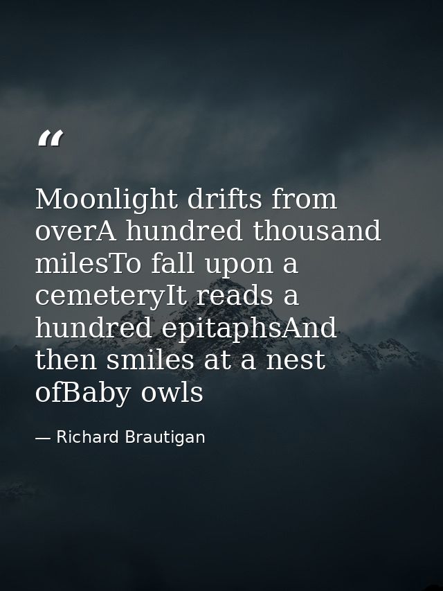 Moonlight drifts from overA hundred thousand milesTo fall upon a cemeteryIt reads a hundred epitaphsAnd then smiles at a — Richard Brautigan