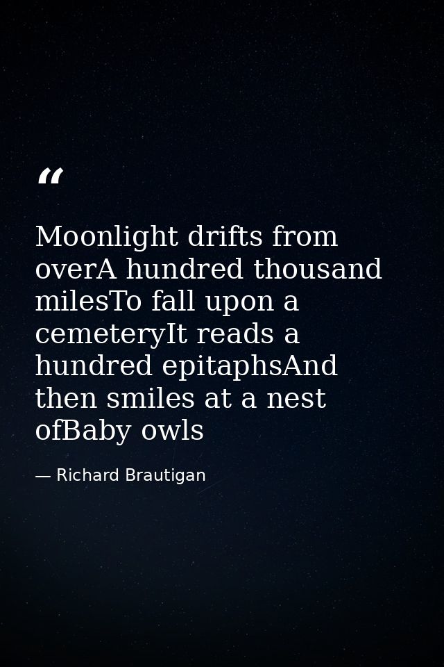 Moonlight drifts from overA hundred thousand milesTo fall upon a cemeteryIt reads a hundred epitaphsAnd then smiles at a — Richard Brautigan