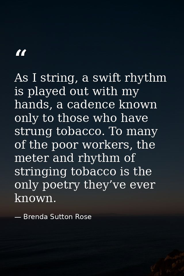 As I string, a swift rhythm is played out with my hands, a cadence known only to those who have strung tobacco. To many  — Brenda Sutton Rose