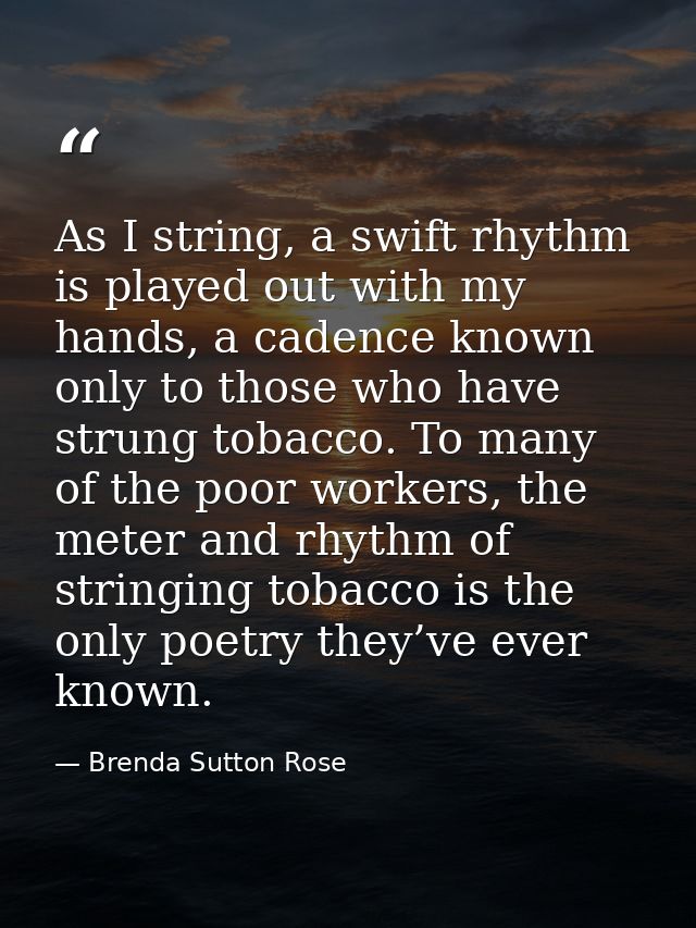 As I string, a swift rhythm is played out with my hands, a cadence known only to those who have strung tobacco. To many  — Brenda Sutton Rose