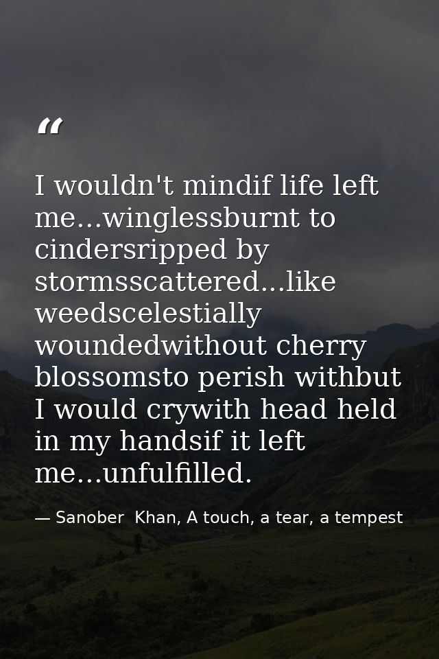 I wouldn't mindif life left me...winglessburnt to cindersripped by stormsscattered...like weedscelestially woundedwithou — Sanober  Khan, A touch, a tear, a tempest