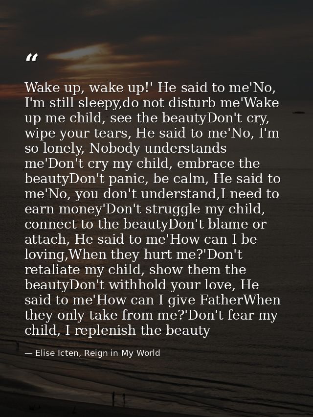 Wake up, wake up!' He said to me'No, I'm still sleepy,do not disturb me'Wake up me child, see the beautyDon't cry, wipe  — Elise Icten, Reign in My World