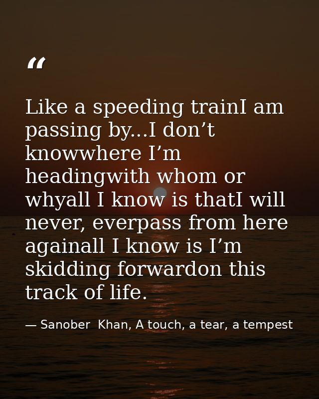 Like a speeding trainI am passing by...I don’t knowwhere I’m headingwith whom or whyall I know is thatI will never, ever — Sanober  Khan, A touch, a tear, a tempest