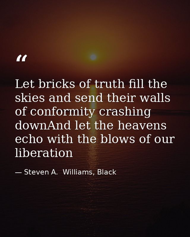 Let bricks of truth fill the skies and send their walls of conformity crashing downAnd let the heavens echo with the blo — Steven A.  Williams, Black