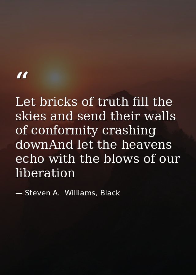 Let bricks of truth fill the skies and send their walls of conformity crashing downAnd let the heavens echo with the blo — Steven A.  Williams, Black