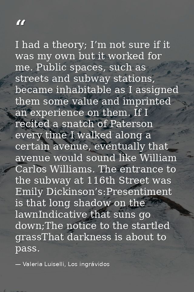 I had a theory; I’m not sure if it was my own but it worked for me. Public spaces, such as streets and subway stations,  — Valeria Luiselli, Los ingrávidos