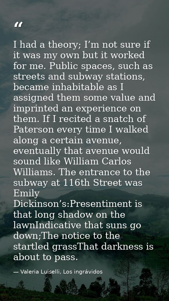 I had a theory; I’m not sure if it was my own but it worked for me. Public spaces, such as streets and subway stations,  — Valeria Luiselli, Los ingrávidos