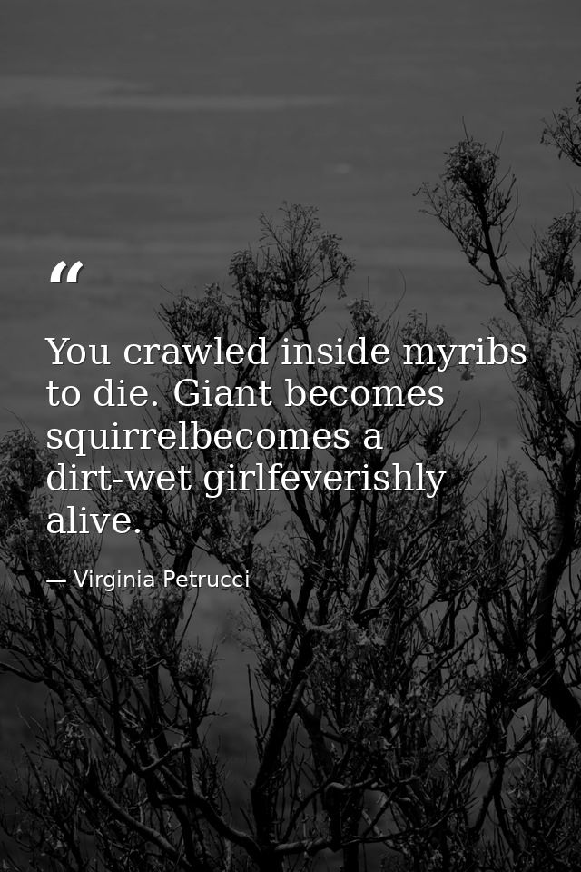 You crawled inside myribs to die. Giant becomes squirrelbecomes a dirt-wet girlfeverishly alive. — Virginia Petrucci