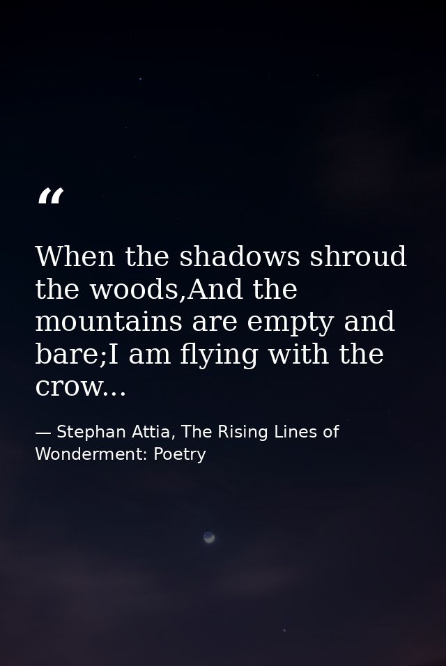 When the shadows shroud the woods,And the mountains are empty and bare;I am flying with the crow... — Stephan Attia, The Rising Lines of Wonderment: Poetry