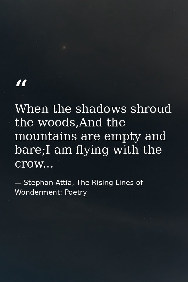 When the shadows shroud the woods,And the mountains are empty and bare;I am flying with the crow... — Stephan Attia, The Rising Lines of Wonderment: Poetry