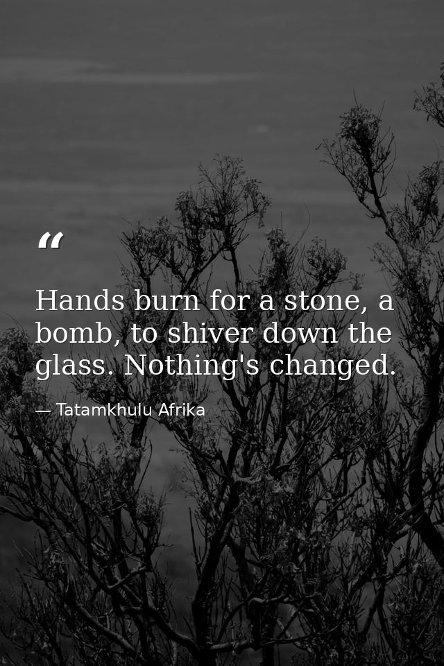 Hands burn for a stone, a bomb, to shiver down the glass. Nothing's changed. — Tatamkhulu Afrika