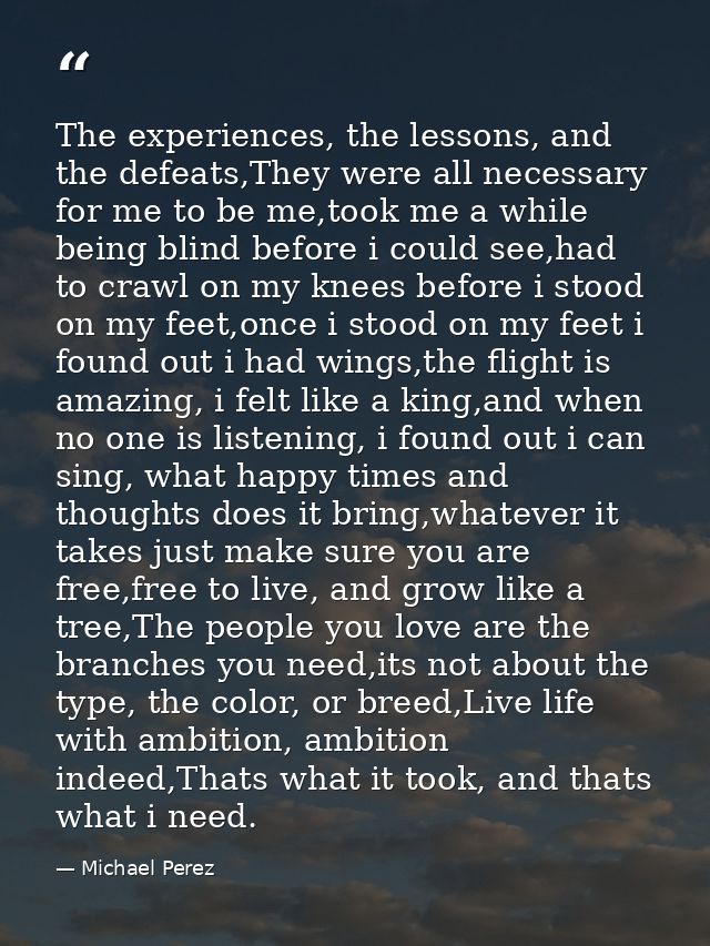 The experiences, the lessons, and the defeats,They were all necessary for me to be me,took me a while being blind before — Michael Perez