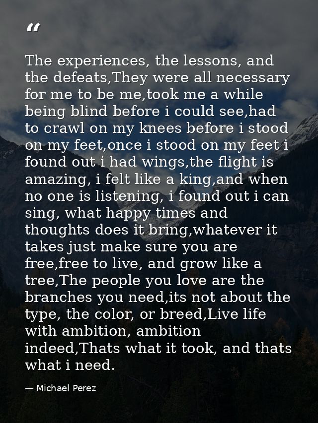 The experiences, the lessons, and the defeats,They were all necessary for me to be me,took me a while being blind before — Michael Perez