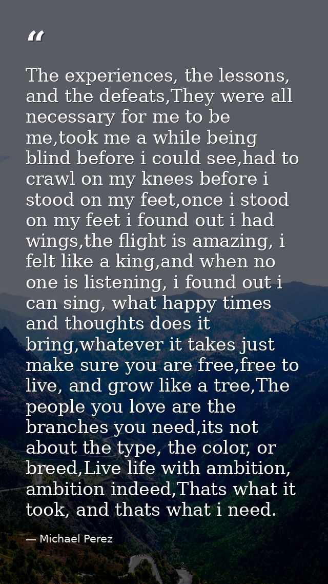 The experiences, the lessons, and the defeats,They were all necessary for me to be me,took me a while being blind before — Michael Perez