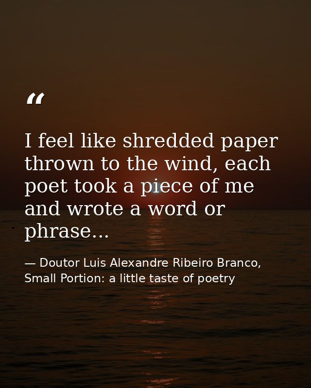 I feel like shredded paper thrown to the wind, each poet took a piece of me and wrote a word or phrase... — Doutor Luis Alexandre Ribeiro Branco, Small Portion: a little taste of poetry