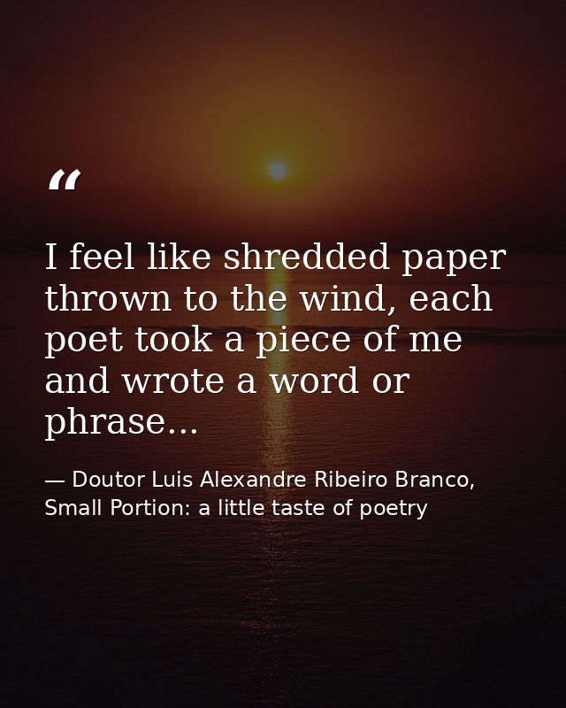 I feel like shredded paper thrown to the wind, each poet took a piece of me and wrote a word or phrase... — Doutor Luis Alexandre Ribeiro Branco, Small Portion: a little taste of poetry