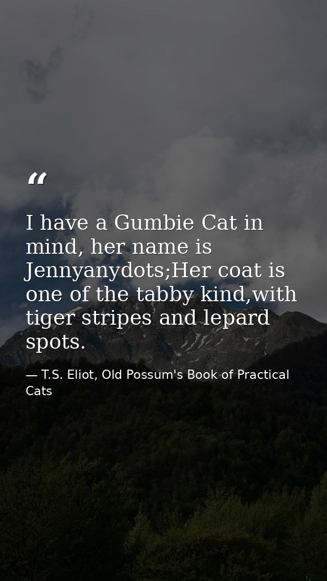 I have a Gumbie Cat in mind, her name is Jennyanydots;Her coat is one of the tabby kind,with tiger stripes and lepard sp — T.S. Eliot, Old Possum's Book of Practical Cats