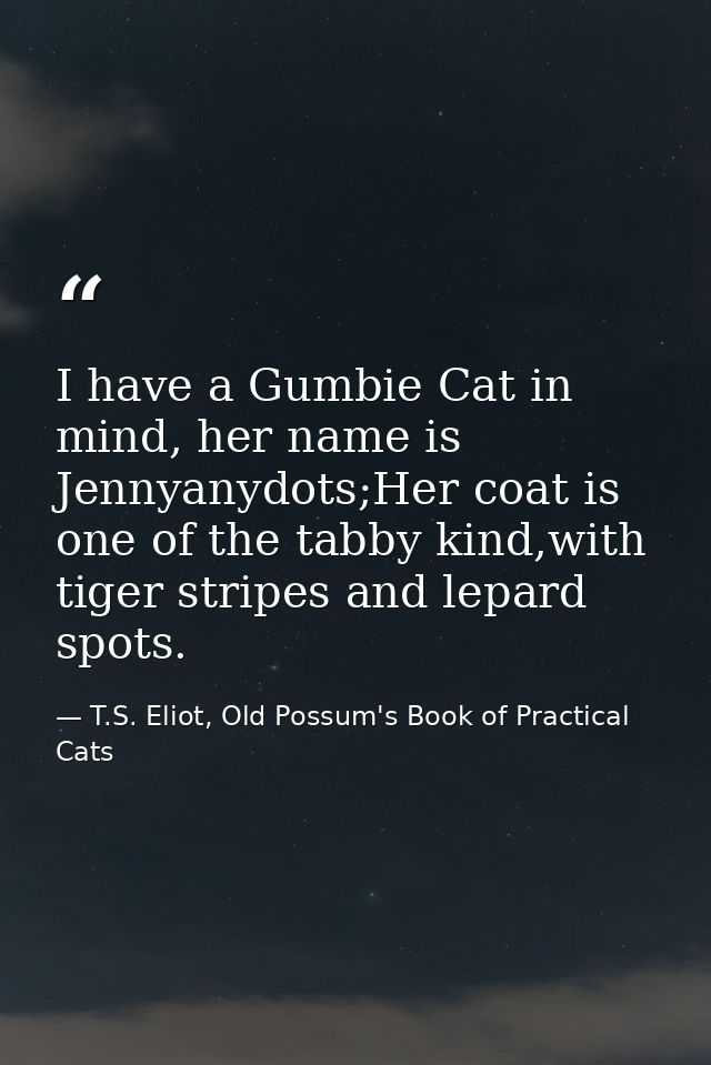 I have a Gumbie Cat in mind, her name is Jennyanydots;Her coat is one of the tabby kind,with tiger stripes and lepard sp — T.S. Eliot, Old Possum's Book of Practical Cats