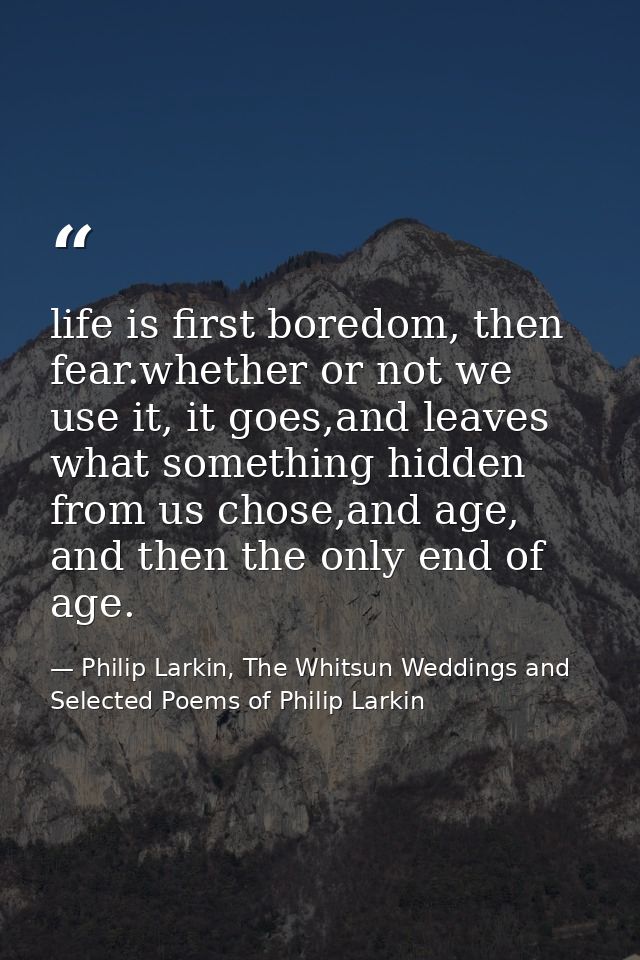 life is first boredom, then fear.whether or not we use it, it goes,and leaves what something hidden from us chose,and ag — Philip Larkin, The Whitsun Weddings and Selected Poems of Philip Larkin