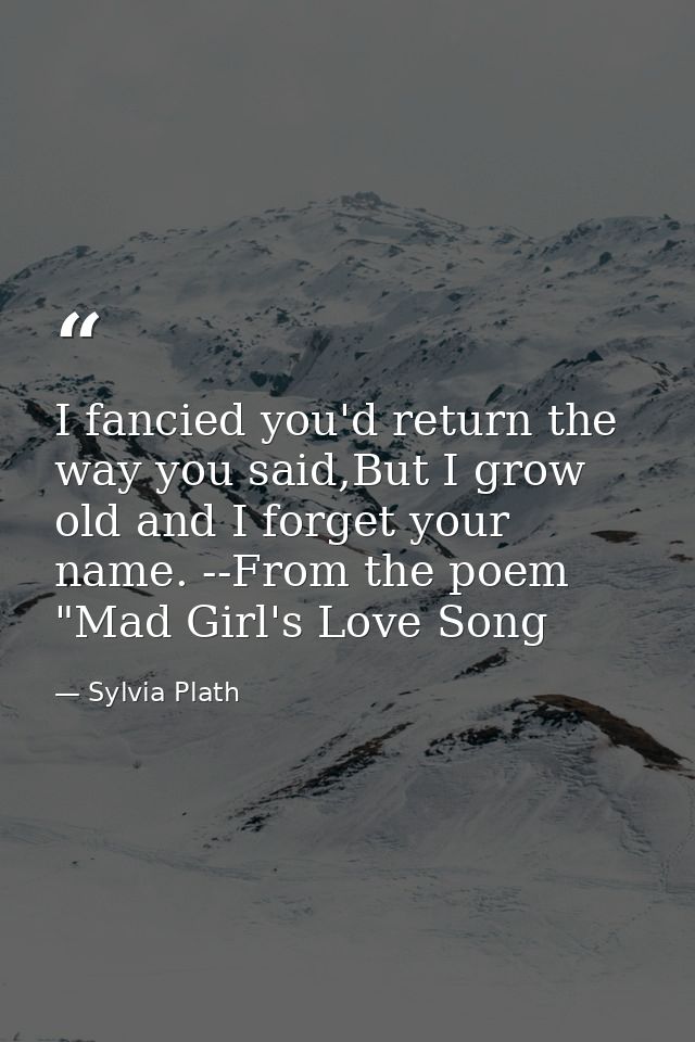 I fancied you'd return the way you said,But I grow old and I forget your name. --From the poem "Mad Girl's Love Song — Sylvia Plath