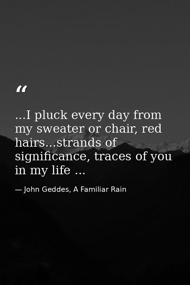 ...I pluck every day from my sweater or chair, red hairs...strands of significance, traces of you in my life ... — John Geddes, A Familiar Rain