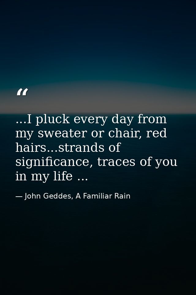 ...I pluck every day from my sweater or chair, red hairs...strands of significance, traces of you in my life ... — John Geddes, A Familiar Rain