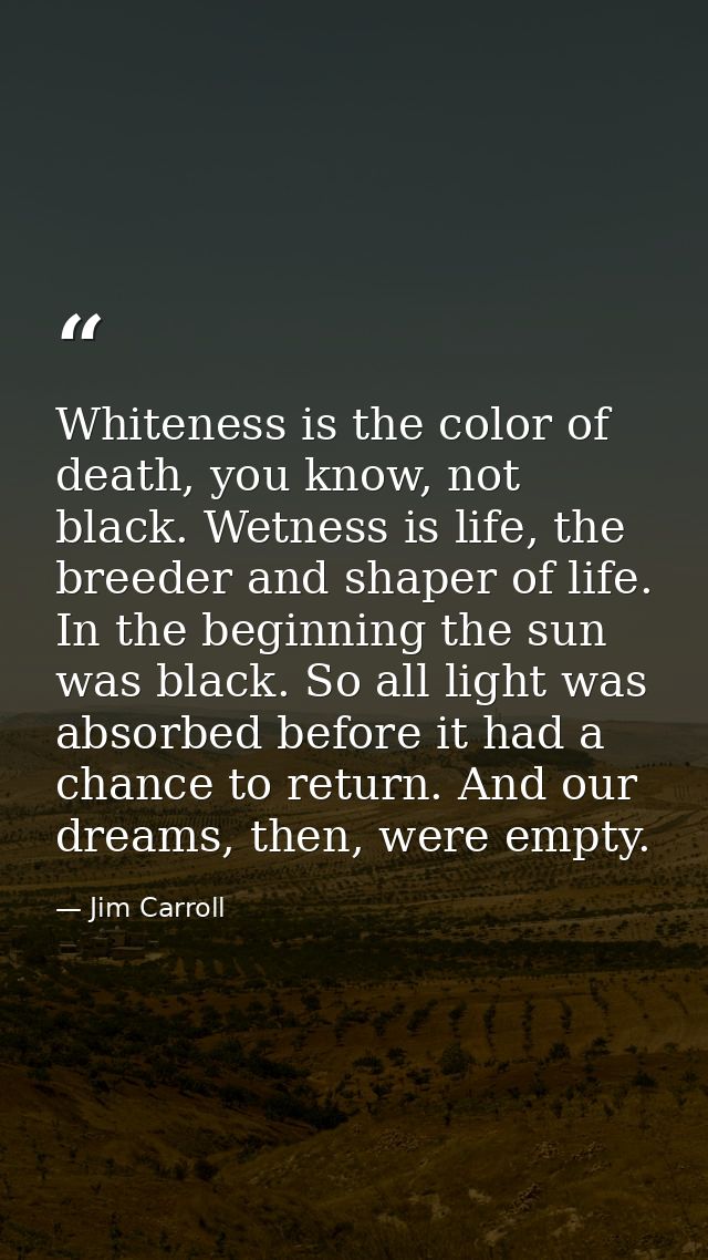 Whiteness is the color of death, you know, not black. Wetness is life, the breeder and shaper of life. In the beginning  — Jim Carroll
