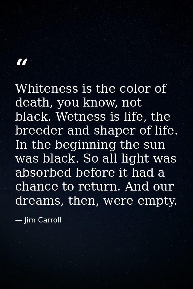 Whiteness is the color of death, you know, not black. Wetness is life, the breeder and shaper of life. In the beginning  — Jim Carroll