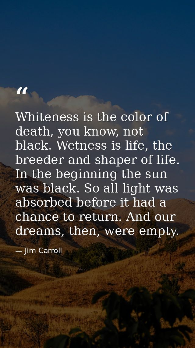 Whiteness is the color of death, you know, not black. Wetness is life, the breeder and shaper of life. In the beginning  — Jim Carroll