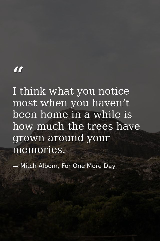 I think what you notice most when you haven’t been home in a while is how much the trees have grown around your memories — Mitch Albom, For One More Day