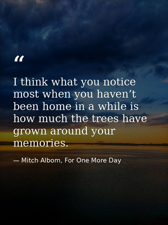 I think what you notice most when you haven’t been home in a while is how much the trees have grown around your memories — Mitch Albom, For One More Day