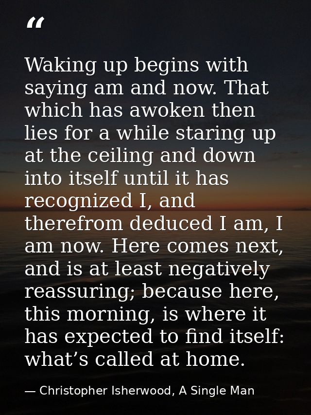 Waking up begins with saying am and now. That which has awoken then lies for a while staring up at the ceiling and down  — Christopher Isherwood, A Single Man