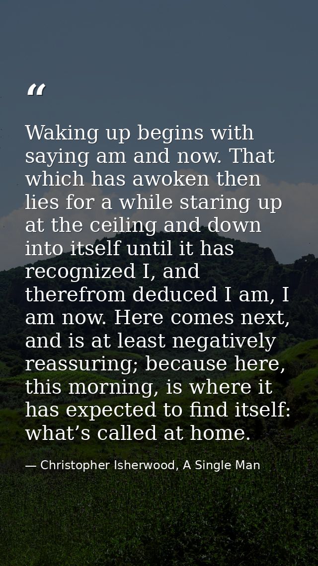 Waking up begins with saying am and now. That which has awoken then lies for a while staring up at the ceiling and down  — Christopher Isherwood, A Single Man