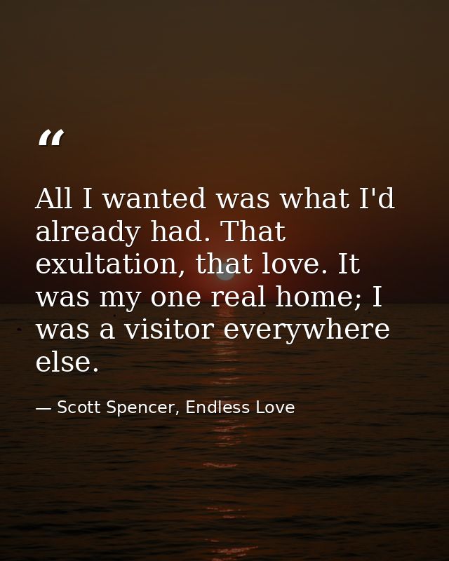 All I wanted was what I'd already had. That exultation, that love. It was my one real home; I was a visitor everywhere e — Scott Spencer, Endless Love