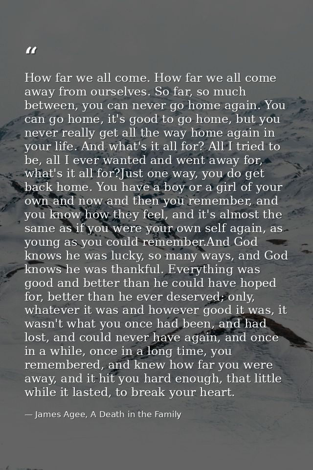 How far we all come. How far we all come away from ourselves. So far, so much between, you can never go home again. You  — James Agee, A Death in the Family
