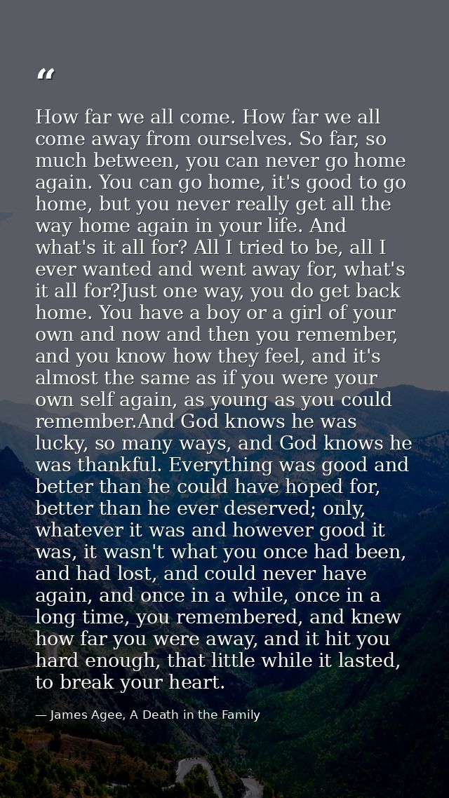 How far we all come. How far we all come away from ourselves. So far, so much between, you can never go home again. You  — James Agee, A Death in the Family