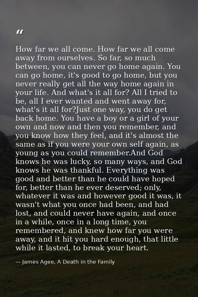 How far we all come. How far we all come away from ourselves. So far, so much between, you can never go home again. You  — James Agee, A Death in the Family