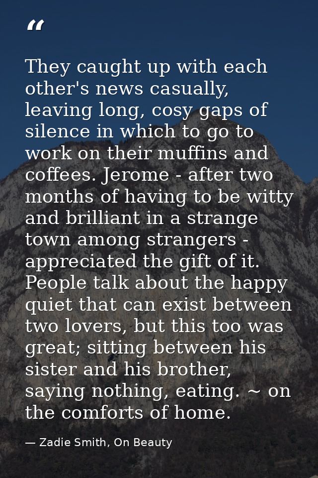 They caught up with each other's news casually, leaving long, cosy gaps of silence in which to go to work on their muffi — Zadie Smith, On Beauty