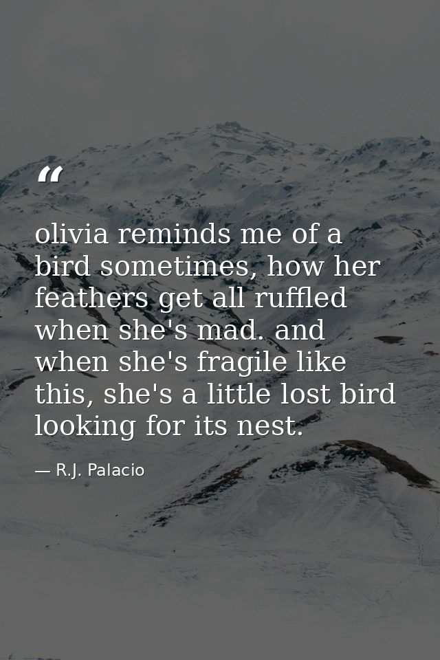 olivia reminds me of a bird sometimes, how her feathers get all ruffled when she's mad. and when she's fragile like this — R.J. Palacio