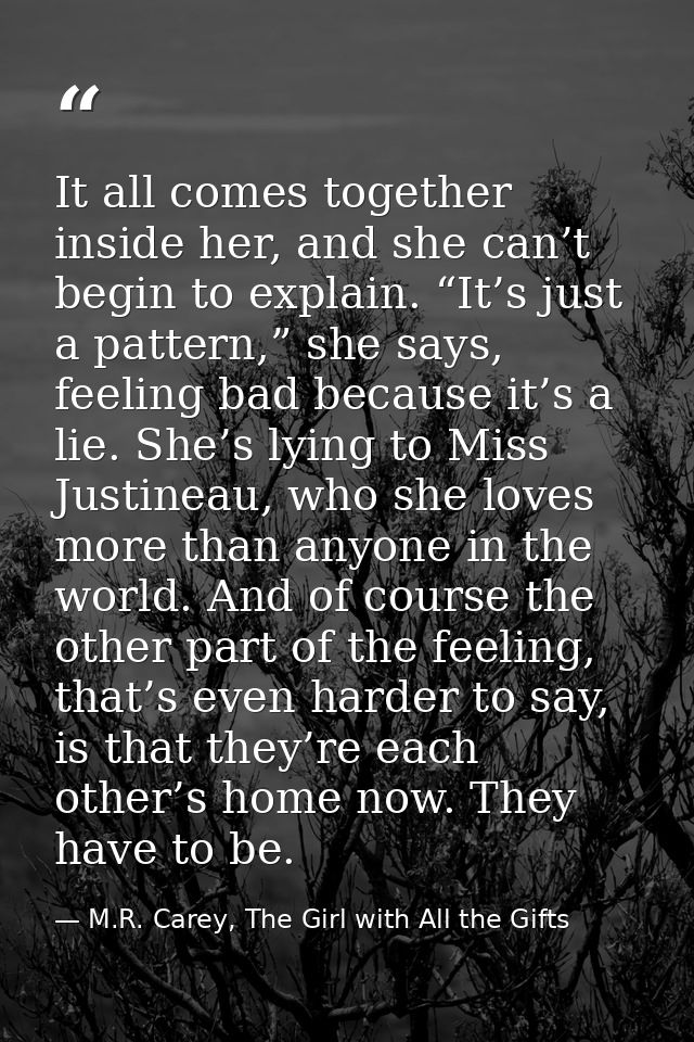 It all comes together inside her, and she can’t begin to explain. “It’s just a pattern,” she says, feeling bad because i — M.R. Carey, The Girl with All the Gifts