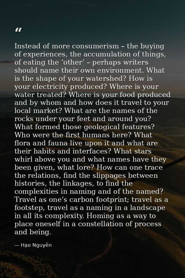 Instead of more consumerism – the buying of experiences, the accumulation of things, of eating the ‘other’ – perhaps wri — Hạo Nguyên