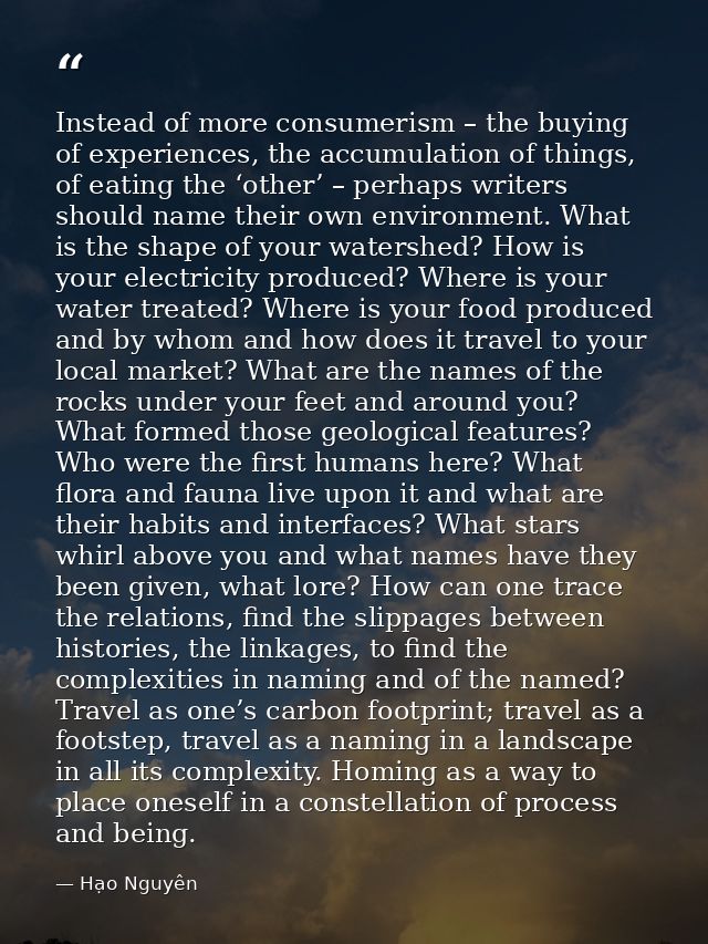 Instead of more consumerism – the buying of experiences, the accumulation of things, of eating the ‘other’ – perhaps wri — Hạo Nguyên