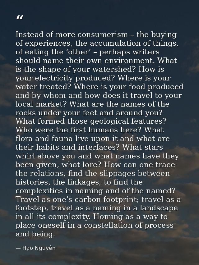 Instead of more consumerism – the buying of experiences, the accumulation of things, of eating the ‘other’ – perhaps wri — Hạo Nguyên